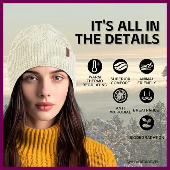 Merino Wool Cable Knit Beanie Unisex Classic Warm Winter Hat main image 8
